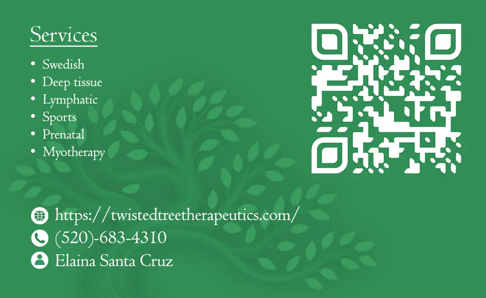 The finished card back in green, listing six services with a phone number, name and QR code