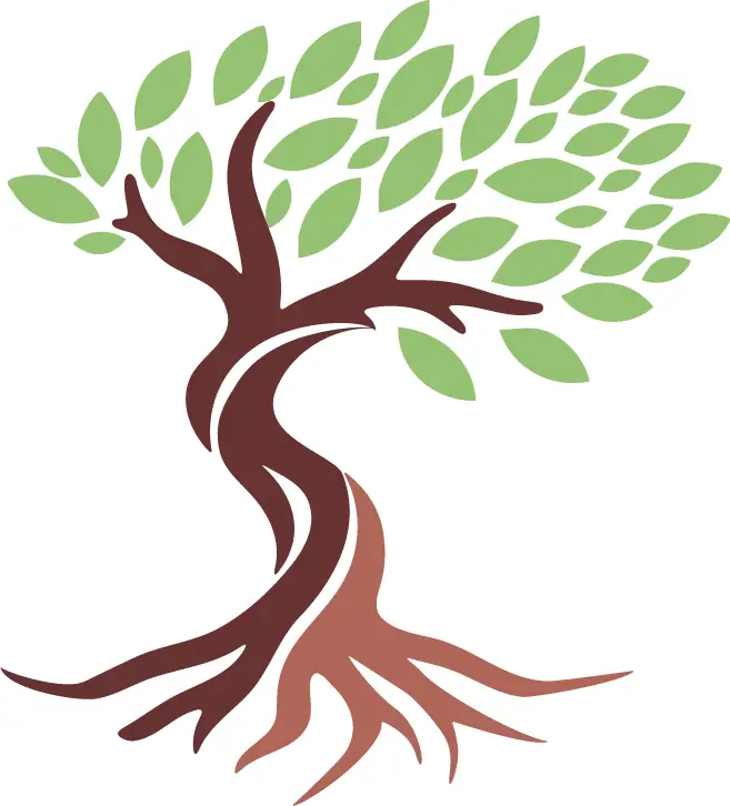 The mark on its own: a sage canopy over a maroon spiral trunk with roots spreading below