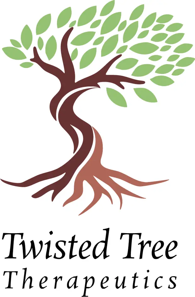 The stacked lockup: the spiral tree mark centred above the Twisted Tree Therapeutics wordmark