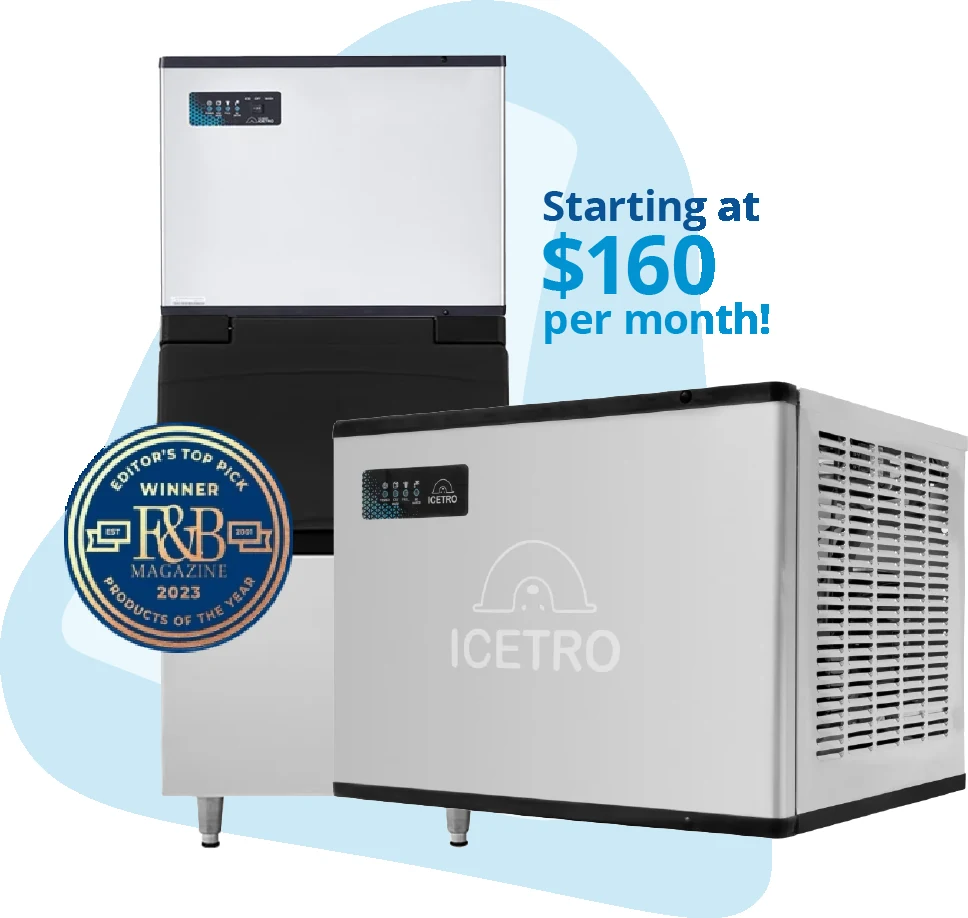 Easy Ice ad with two ice machines, a 2023 award badge, and the original starting price of $160 per month