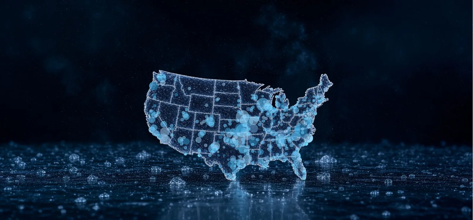 United States rendered in ice against a dark blue background, with blue location markers
