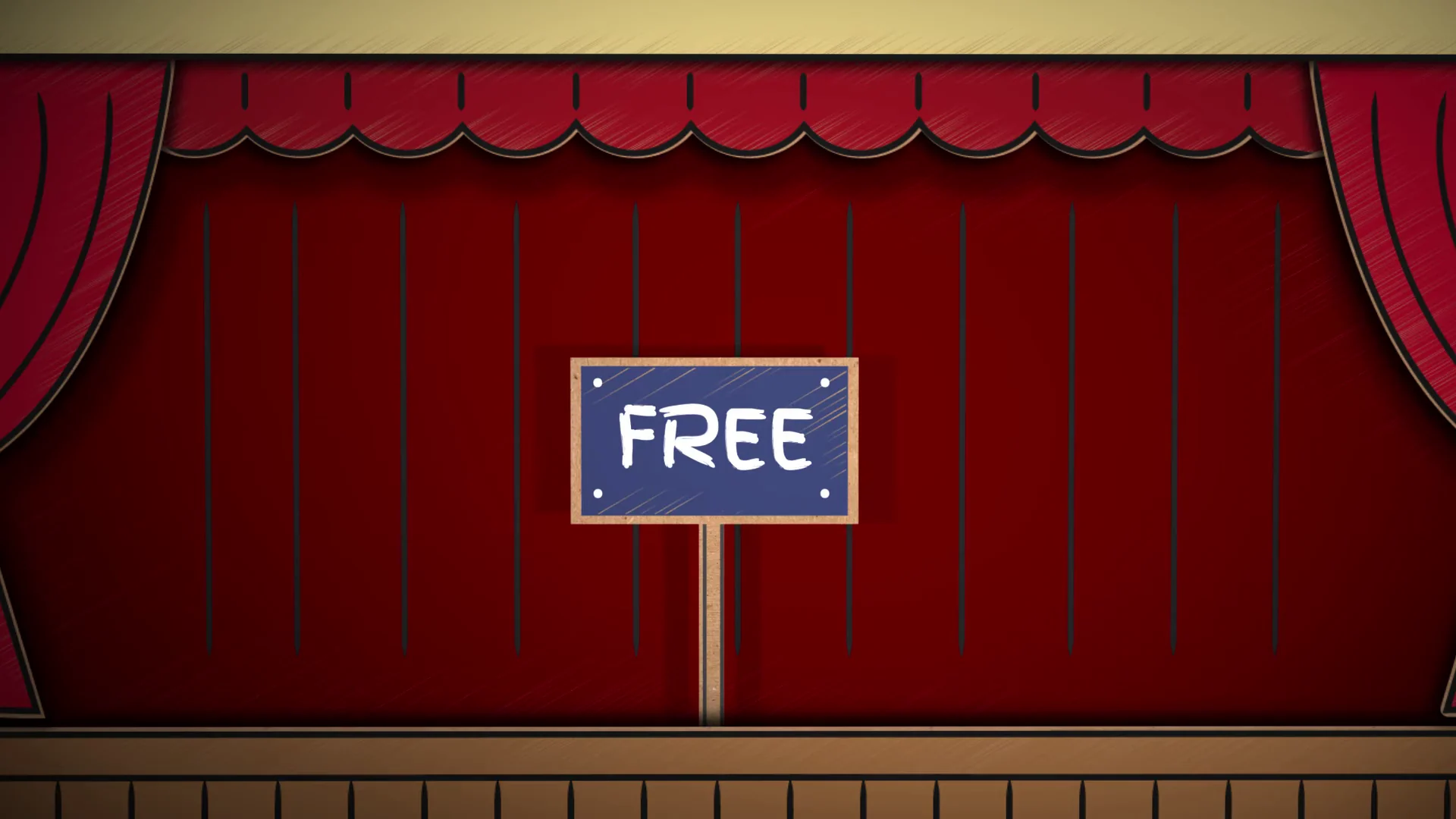 A blue sign reading FREE on the animation's red theater stage