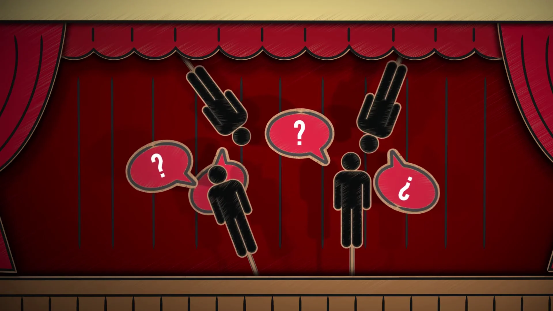 Student figures with question marks and information symbols on a red theater stage