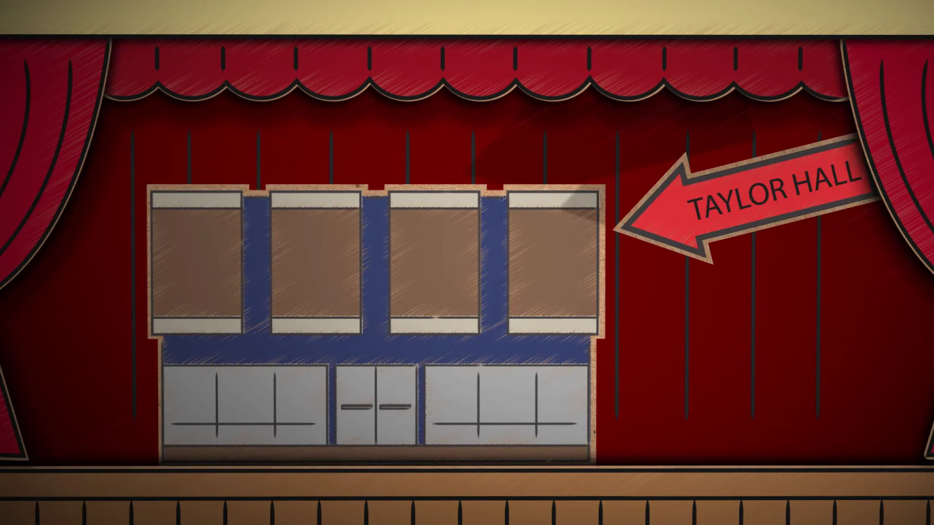 Taylor Hall building on the MAC animation's red theater stage