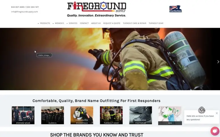 Fireground Supply homepage: logo, product navigation and a large photo of a firefighter across the top