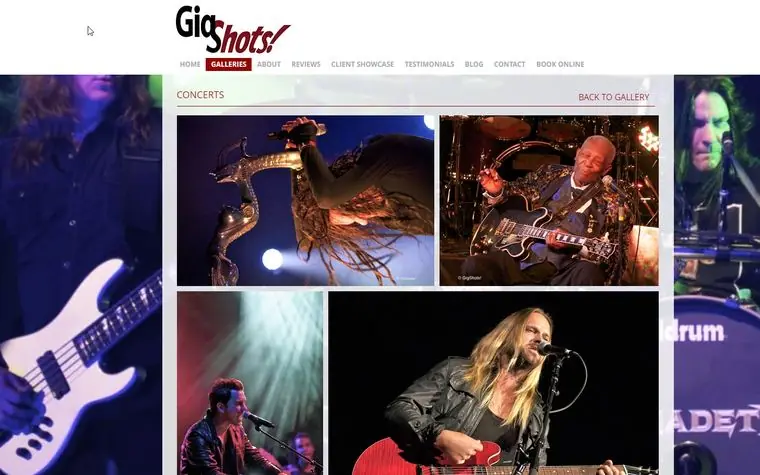 Gigshots photography site: logo, navigation and a concert photo gallery grid