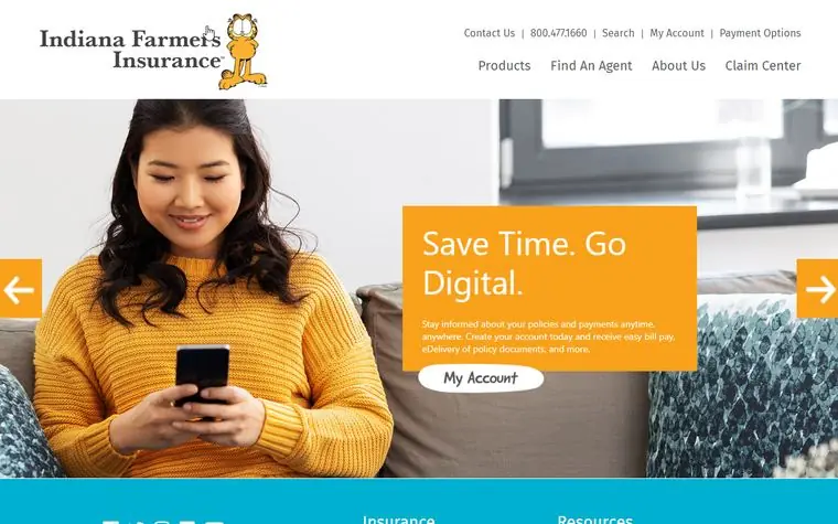 Indiana Farmers Insurance site: logo, member navigation and a large photo of a policyholder using a phone
