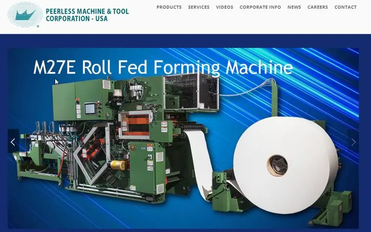 Peerless Machine and Tool site: header navigation above a large photo of a roll-fed forming machine