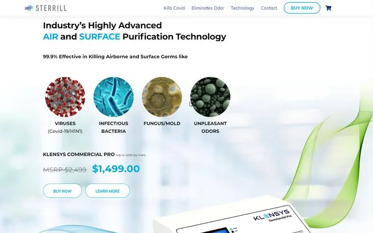 Sterrill product page for the Klensys purifier: claims, product photo and pricing